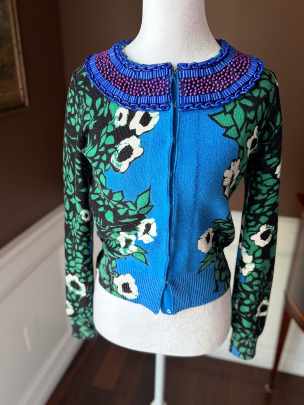 Tracy Reese Cardigan Sweater Beaded Bib Collar Blue/Green/Purple Sizr Petite